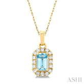 5x3 MM Octagonal Shape Aquamarine and 1/20 Ctw Single Cut Diamond Halo Semi-Precious Pendant with Chain in 14K Yellow Gold